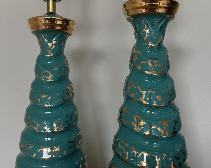 Vintage MCM Ceramic Lamps Turquoise Gold Spiral Mid Century Modern Lighting 50s