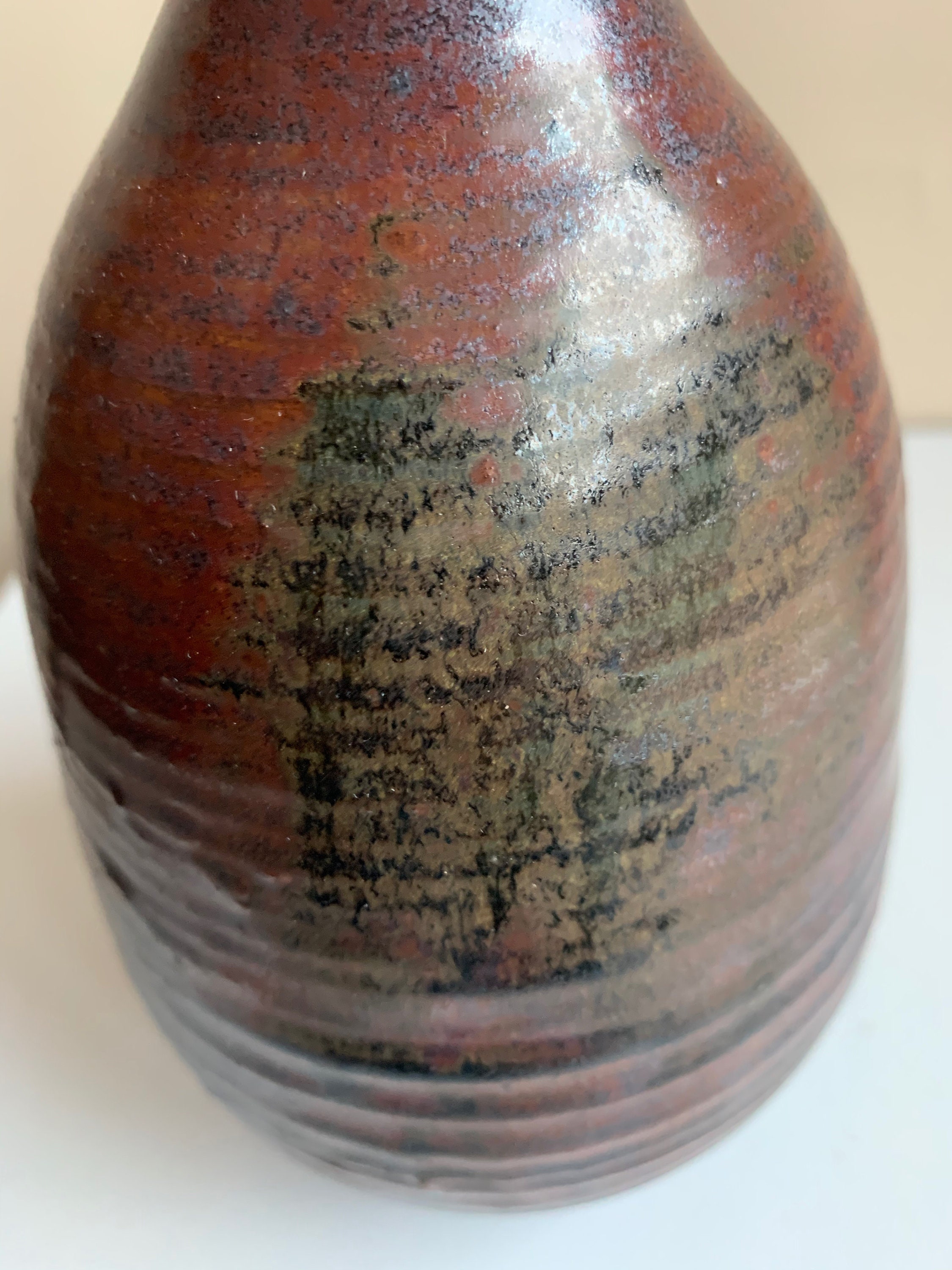 Vintage 60s Brown Black Ribbed Vase Vessel Studio Pottery Mid Century