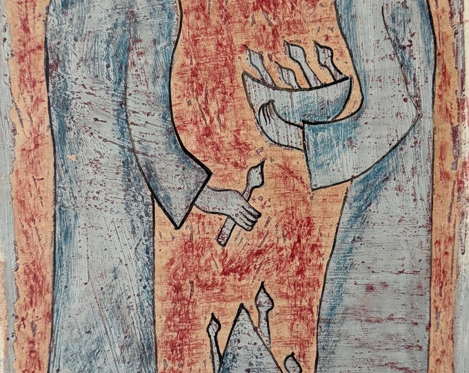 Vintage Figural 50s Mid Century Encaustic Painting Modern Voelkel Stylized Art D