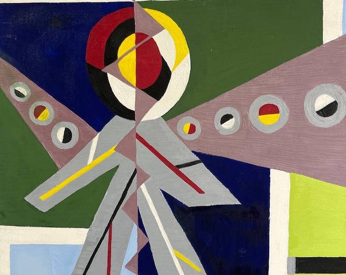 Vintage 70s Abstract Cubist Figural Oil Painting Modern Art Wall Hanging Signed C.J. Kampe