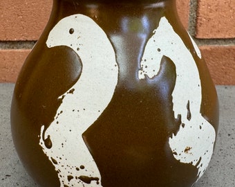 Vintage 70s 80s Handmade Brown White Ceramic Studio Pottery Vase Modern Signed