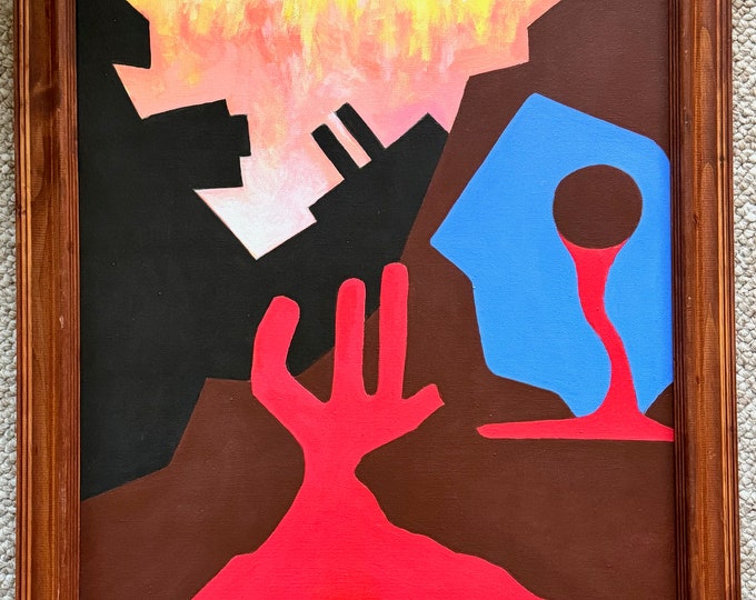 Vintage Geometric Surreal Abstract Painting Art Wall Hanging Signed REM Menges