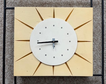 Vintage MCM Starburst Iron Wood Wall Clock Atomic Era Mid Century Modern 50s 60s
