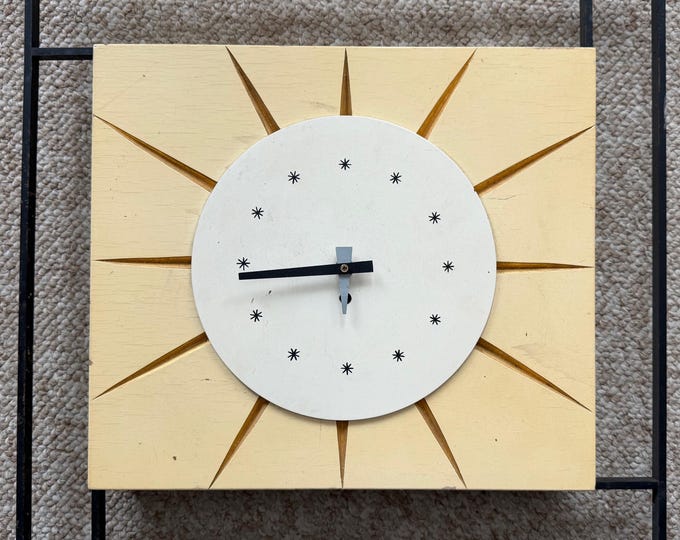 Vintage MCM Starburst Iron Wood Wall Clock Atomic Era Mid Century Modern 50s 60s