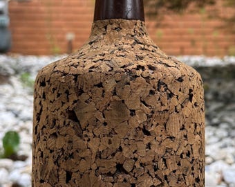Vintage 1970s Cork Wood Table Lamp Modern Lighting Nubby Textured Cloth Shade
