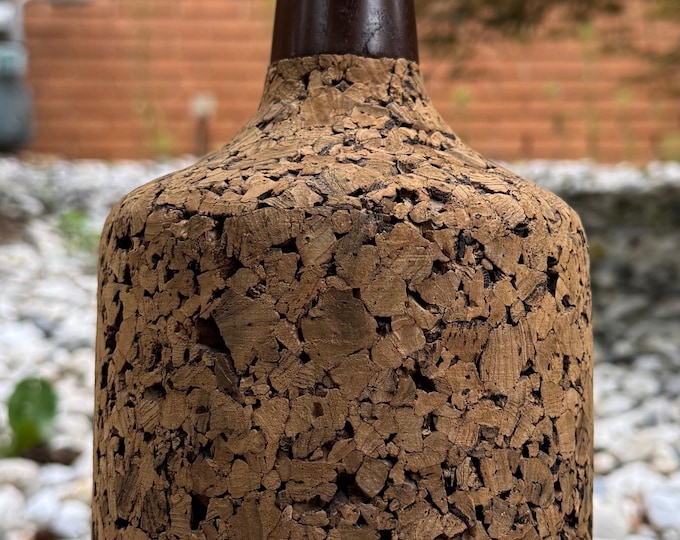 Vintage 1970s Cork Wood Table Lamp Modern Lighting Nubby Textured Cloth Shade