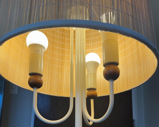 Vintage 60s MCM White Metal Wood Floor Lamp w/ Shade Mid Century Modern Lighting