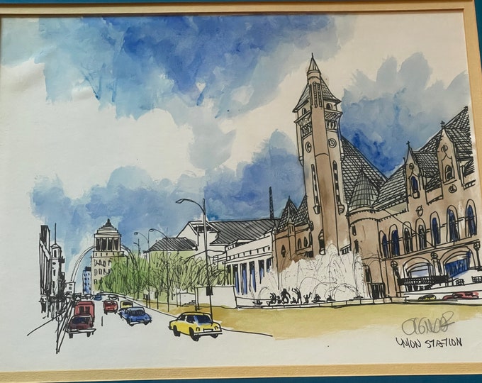 Vintage Union Station St. Louis Mixed Media Painting Illustration Wall Hanging Art Signed