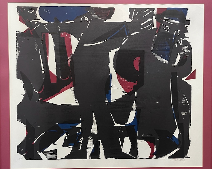 Vintage 1960s HAP Grieshaber Abstract Rabbi Woodcut Print Mid Century Modern Judaica Artwork