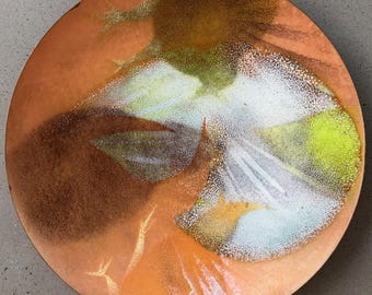 Vintage MCM Abstract Enamel Copper Round Plate Dish Mid Century Modern Signed KIIM 60s