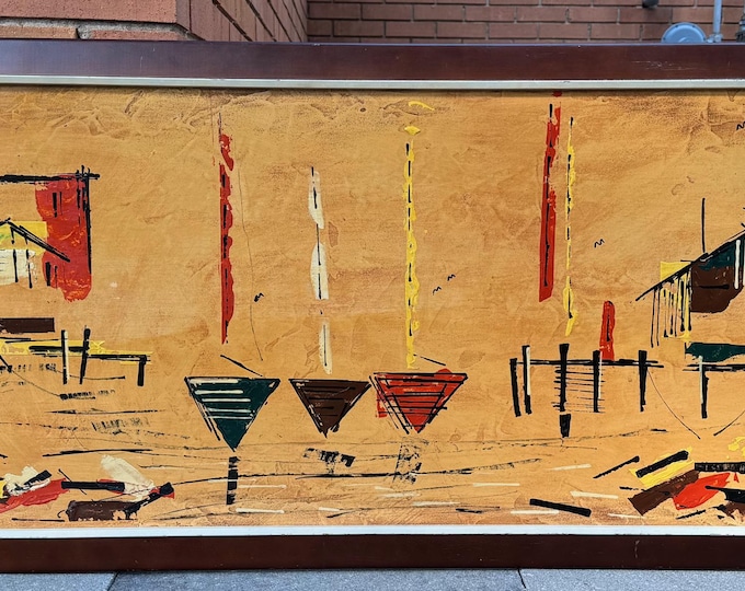 Vintage MCM Abstract Carlo of Hollywood Seascape Harbor Boats Painting Wall Art