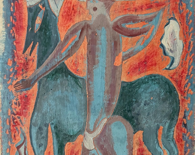 Vintage Figural 50s Mid Century Encaustic Painting Modern Voelkel Stylized Art B