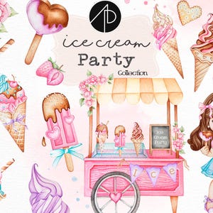 アイスクリームパーティー用の水彩画クリップアート、アイスクリームの誕生日用クリップアート、女の子向けの水彩画アートワーク、子供の誕生日プレゼントのpng