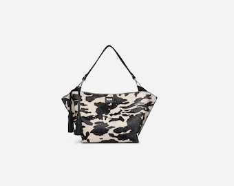 Black and White Cowhide Shoulder Bag, Natural Leather Purse Women, Western Handmade Bag