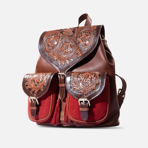 Imperial Opulence Leather Backpack | Hand-Tooled Cowhide Bag | Western Travel Backpack