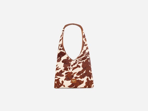 Tan and White Cowhide Hobo Bag, Hand Dyed Leather Shoulder Bag Women, Western Leather Bag