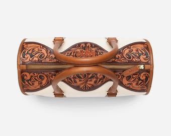 Hand Tooled Leather Weekender Bag, Western Duffel Bag Women, Handmade Travel Bag, Cowgirl
