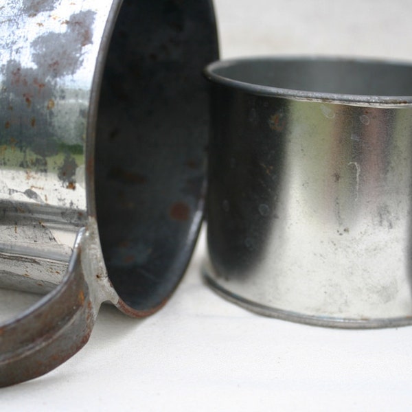 Pair of Rustic Metal Vintage Large and Small Tin Cups Farmhouse Primitive