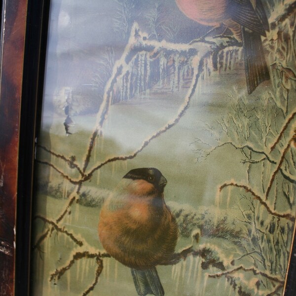 Antique Chippy Framed Orange Chested Birds on Branches in the Snow Print Crazing