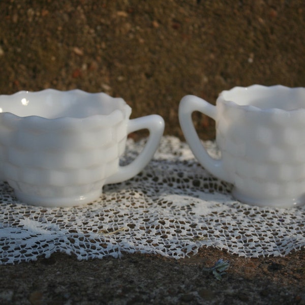 Hazel Atlas Cubist Pattern Milk Glass Cream and Sugar Set