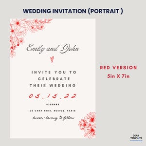 Hochzeitseinladung Vorlage | 13x18 cm im Hochformat | 2 Versionen (Rot & Blau) | Canva Bearbeitbar