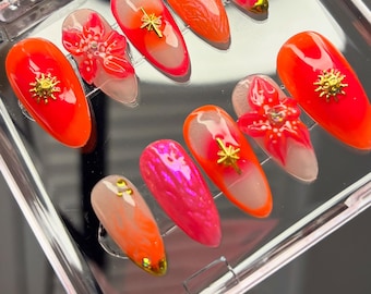 Sunrise Press On Nails | Orange & Hot Pink Nails with 3D Flowers, Chrome, Celestial Charms, Aura, Gold | Handmade Builder Gel Nails
