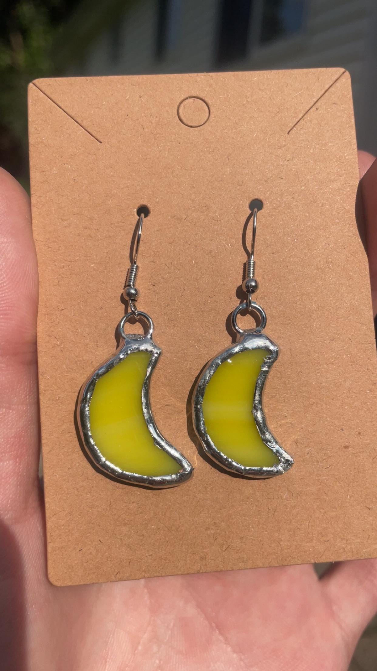 Yellow moon shaped stained glass dangle earrings sun catcher earrings handmade