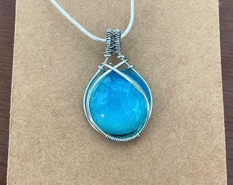 Wire wrapped 18" necklace uranium Vaseline glass cabachon UV reactive