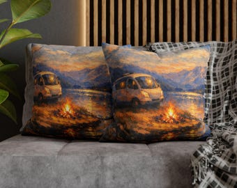 Van Life Camper by Lakeside Lagerfeuer Kissenbezug | Quadratischer Kissenbezug aus gesponnenem Polyester