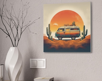 Retro Camper Sunset Canvas – Desert Wall Art Print – Vanlife Southwestern Home Decor