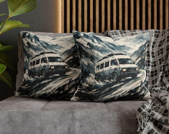 Funda de almohada con diseño de furgoneta camper de aventura / Funda de almohada decorativa con paisaje de carretera de montaña
