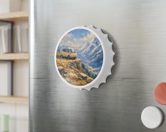 Camper Van Bergblick Flaschenöffner | Malerisches Abenteuer Kunstwerk