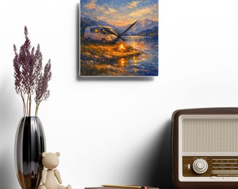 Camper Van Lakeside Lagerfeuer Acryl Wanduhr | Sonnenuntergang im Freien Malerische Kunst