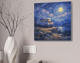 Vanlife Nightscape Camper Van Leinwand | Mond erleuchtete Sternenhimmel Landschaft