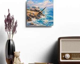 Coastal Van Painting Acrylic Wall Clock | Beach Camper Seaside Art