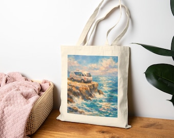 Van auf Klippe Seaside Scene Einkaufstasche | Küsten Kunstwerk, Meereswellen