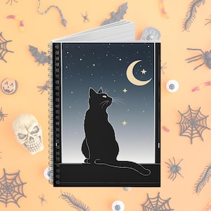 Cat & Moon Spiral Journal – Gothic Witchy Planner Notebook, Halloween Black Cat Moon Design, Compact Travel Diary for Notes and Magic