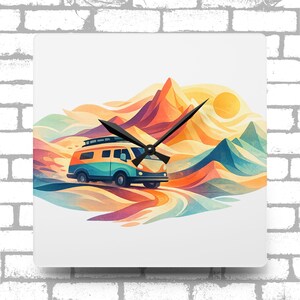 Retro Camper Van Mountain Scene Acrylic Wall Clock | Adventure Art
