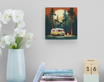 Retro Camper Wall Clock – Vintage RV Forest Adventure Décor