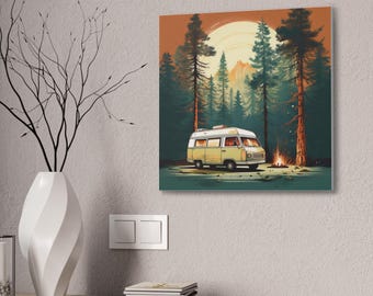 May include: Canvas art print of a vintage camper van parked in a forest at sunset. The van is yellow and white, with a campfire in front. The background features tall trees and a large sun.