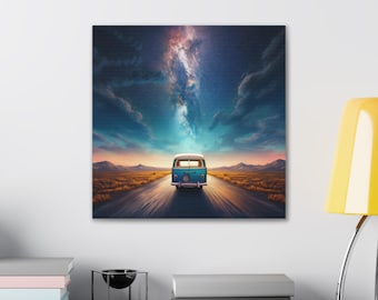 Milky Way Camper Leinwand Wandkunst - Retro Wüstennacht Roadtrip Print für Zuhause & RV Dekor