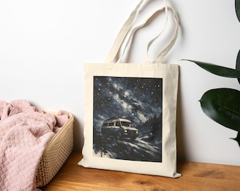 Bolso de mano con estampado de autocaravana vintage bajo cielo estrellado / Estampado de furgoneta con cielo nocturno