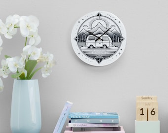 Camper Van Mountain Compass Acrylic Wall Clock | Retro Travel Camper Clock