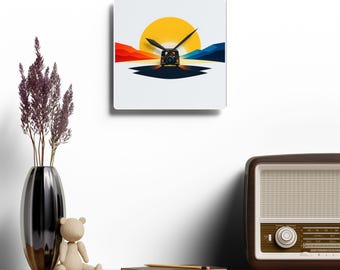 Retro Camper Van Sonnenuntergang Wanduhr | Acryl, Horizon Kunst