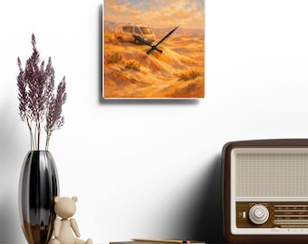 Desert Camper Painting Acrylic Wall Clock | Campervan Dunes Art