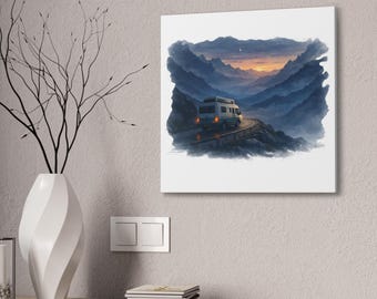 Lienzo de camper de montaña con paisaje atmosférico nocturno/crepúsculo