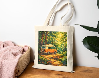 Borsa tote vintage a forma di camper / Avventura nella foresta / Viaggio in auto sulla spiaggia