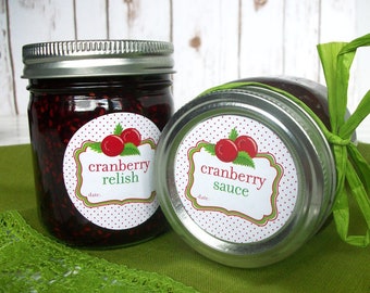 Cranberry Relish Sauce canning labels, round mason jar labels for holiday fruit preservation, regular & wide mouth jar stickers