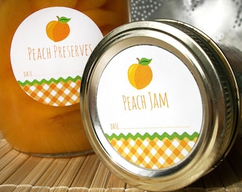 Gingham Peach canning jar labels, printed round mason jar stickers for fruit preservation, peach jam, jelly, preserves, pie filling