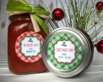 Custom Plaid Christmas canning jar labels, red & green holiday mason jar labels, christmas gift labels stickers, Christmas mason jar gifts